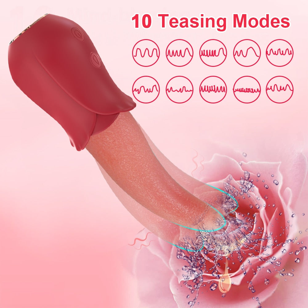 Datecapades Realistic 10-Speed Tongue Licking Rose Vibrator 