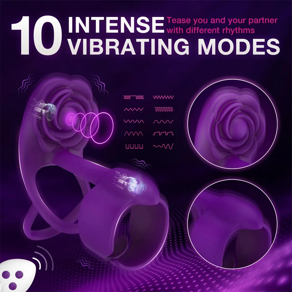 Datecapades 3-in-1 Rose Penis Ring Vibrator with Remote for Couples