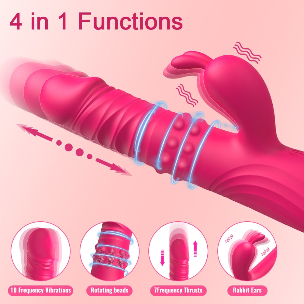 Datecapades Rabbit G-Spot Vibrator & Rotating Dildo has 10 Vibration Modes, Rotating Beads, 7 Thrusting Modes & Rabbit Ears.